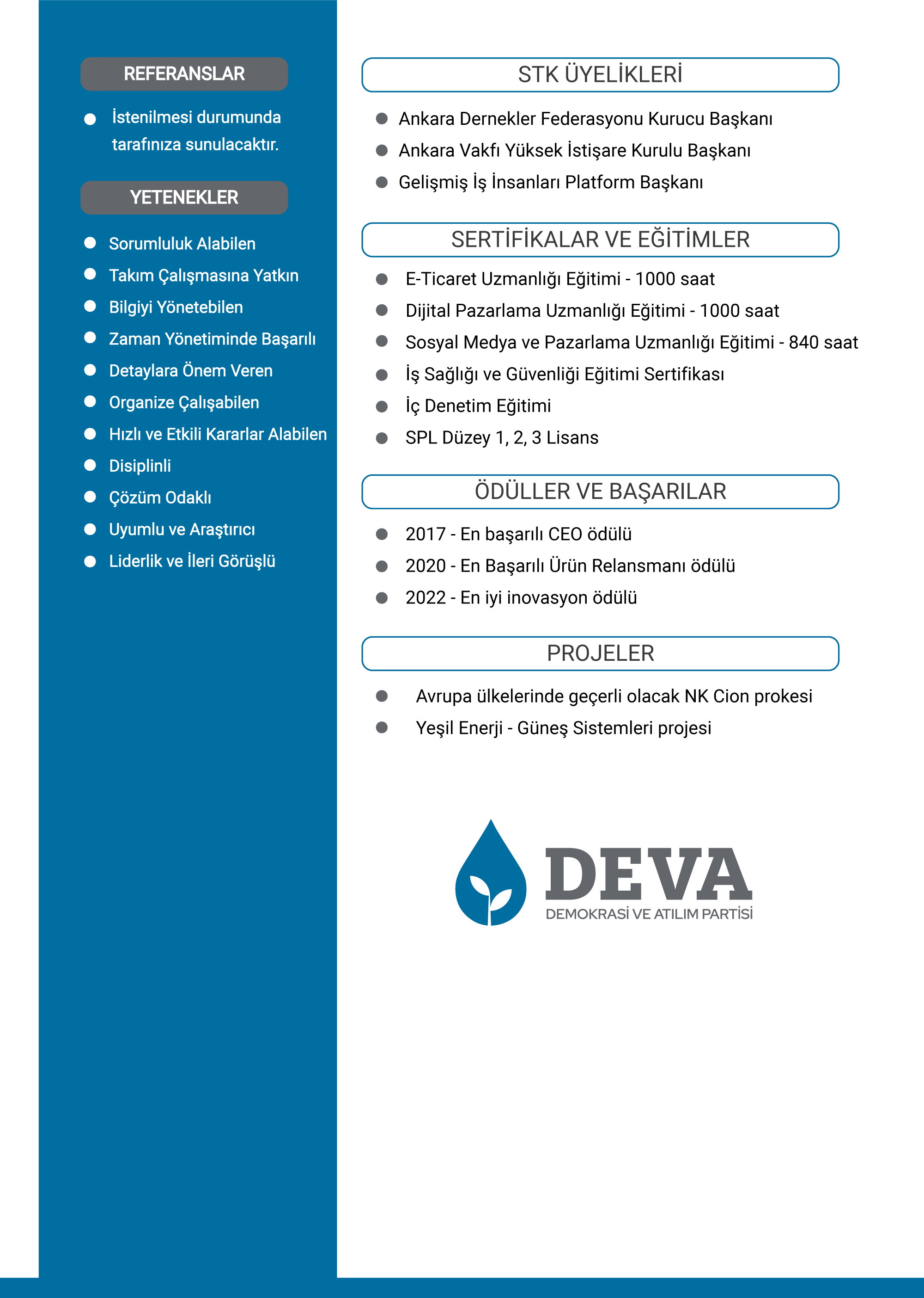 DEVA Partisi Milletvekili aday adaylığı başvurusu için kurumsal kimlik ve kurumsal renklerine uygun CV Örneği